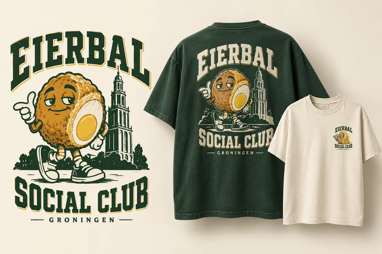 Eierbal Social Club: eigen eierbalmascotte naast de Martinitoren, op een donkergroen en een crèmekleurig shirt
